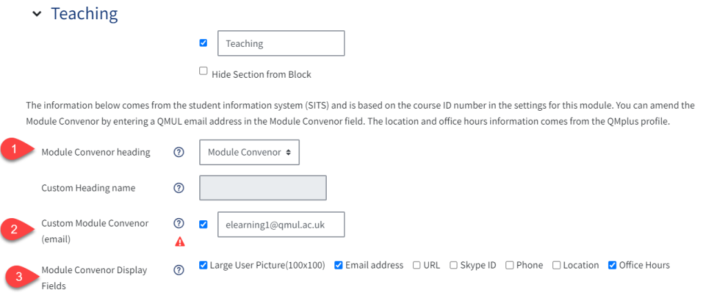 Image of the configuration settings for staff information in module info block